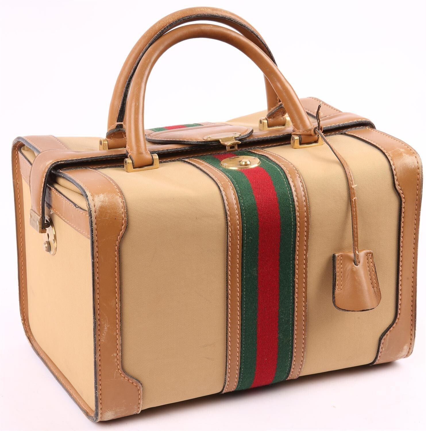 GUCCI large vintage Sherry Line rigid vanity travel case tan leather bag storage