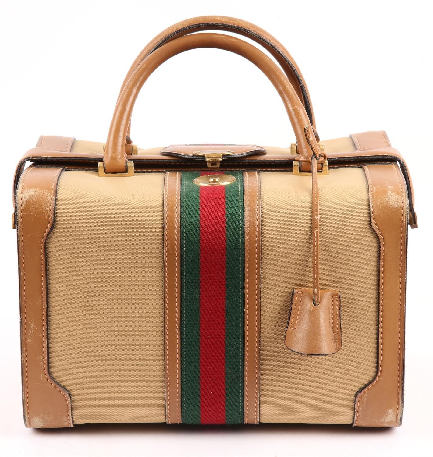 GUCCI large vintage Sherry Line rigid vanity travel case tan leather bag storage