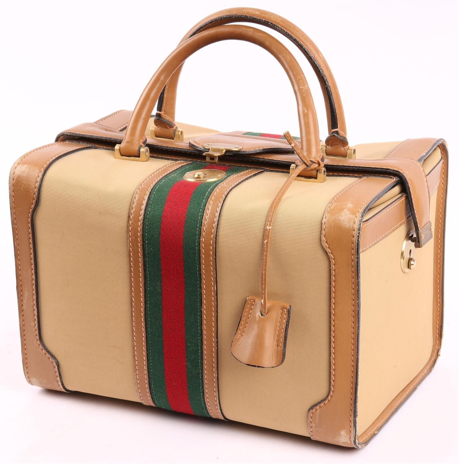 GUCCI large vintage Sherry Line rigid vanity travel case tan leather bag storage