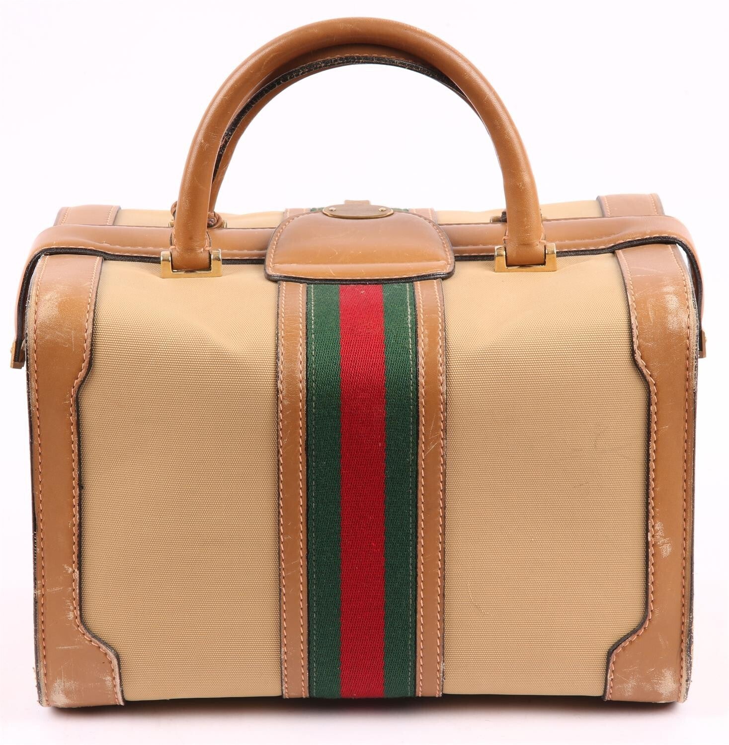 GUCCI large vintage Sherry Line rigid vanity travel case tan leather bag storage