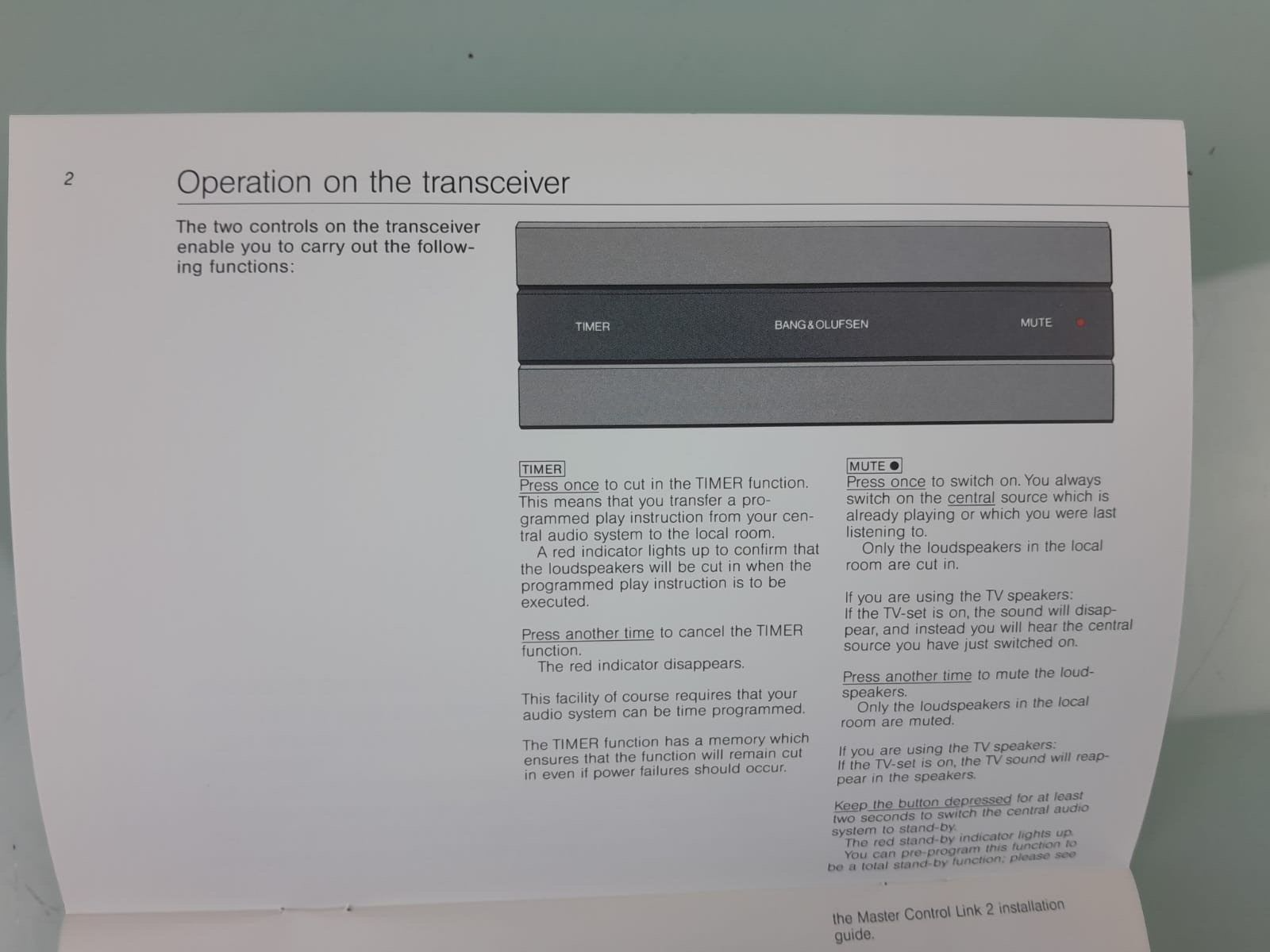 BANG & OLUFSEN B&O MASTER CONTROL LINK 2 OWNER'S MANUAL