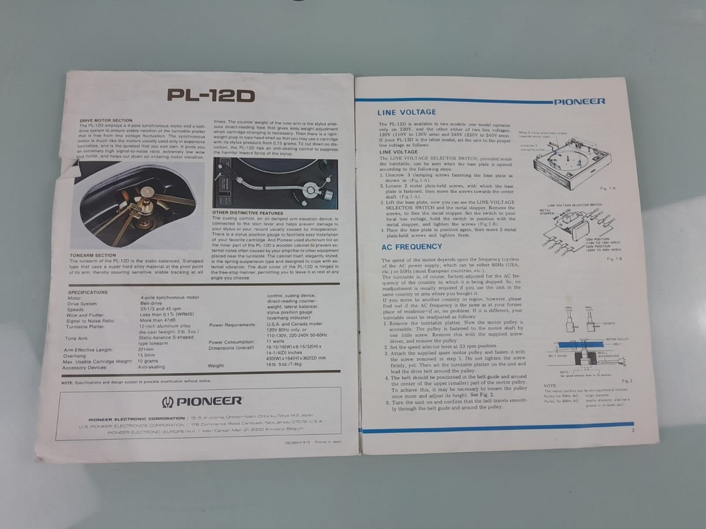 PIONEER PL 12D STEREO TURNTABLE OPERATING INSTRUCTIONS MANUAL