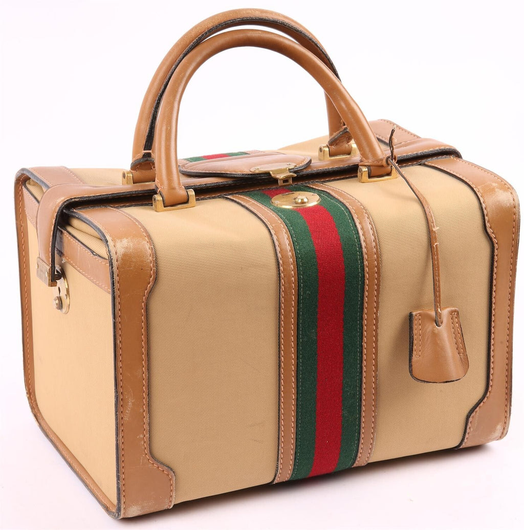 GUCCI large vintage Sherry Line rigid vanity travel case tan leather bag storage