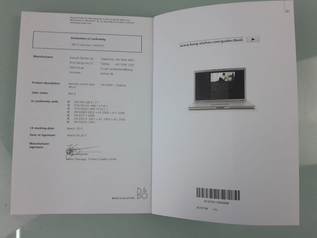 BANG & OLUFSEN B&O BEO 6 REMOTE CONTROL INSTRUCTIONAL MANUAL