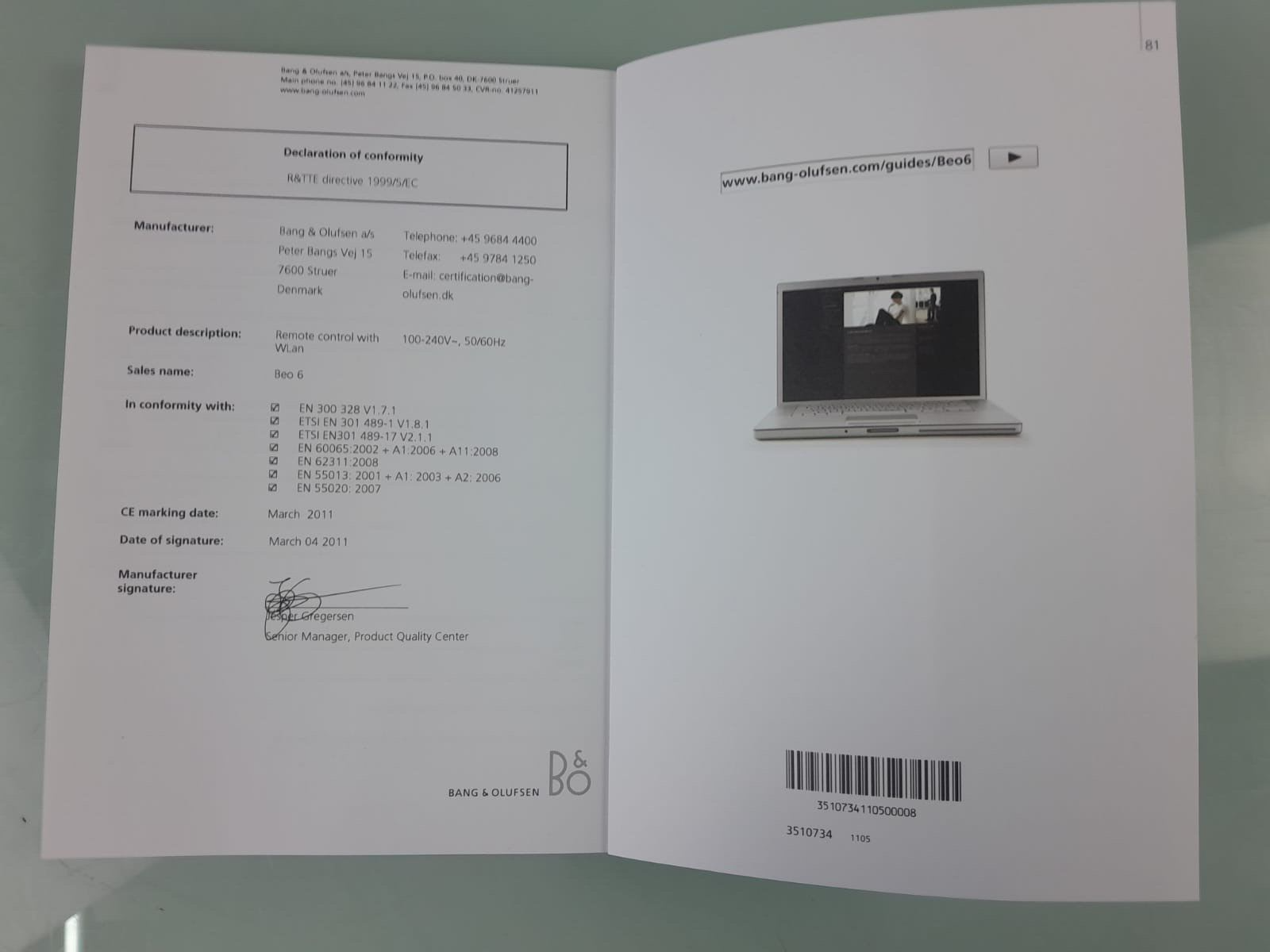 BANG & OLUFSEN B&O BEO 6 REMOTE CONTROL INSTRUCTIONAL MANUAL