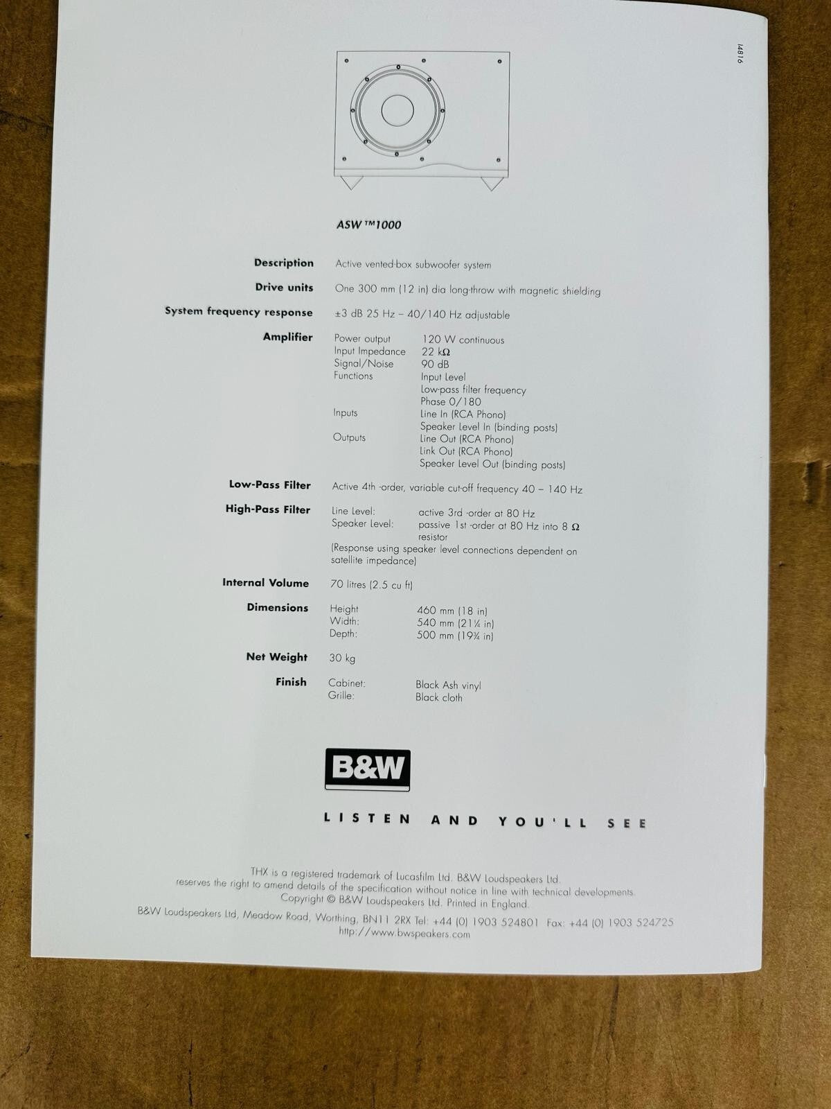 Bowers & Wilkins B&W CDM NT Series & ASW 1000 Owner's Manual