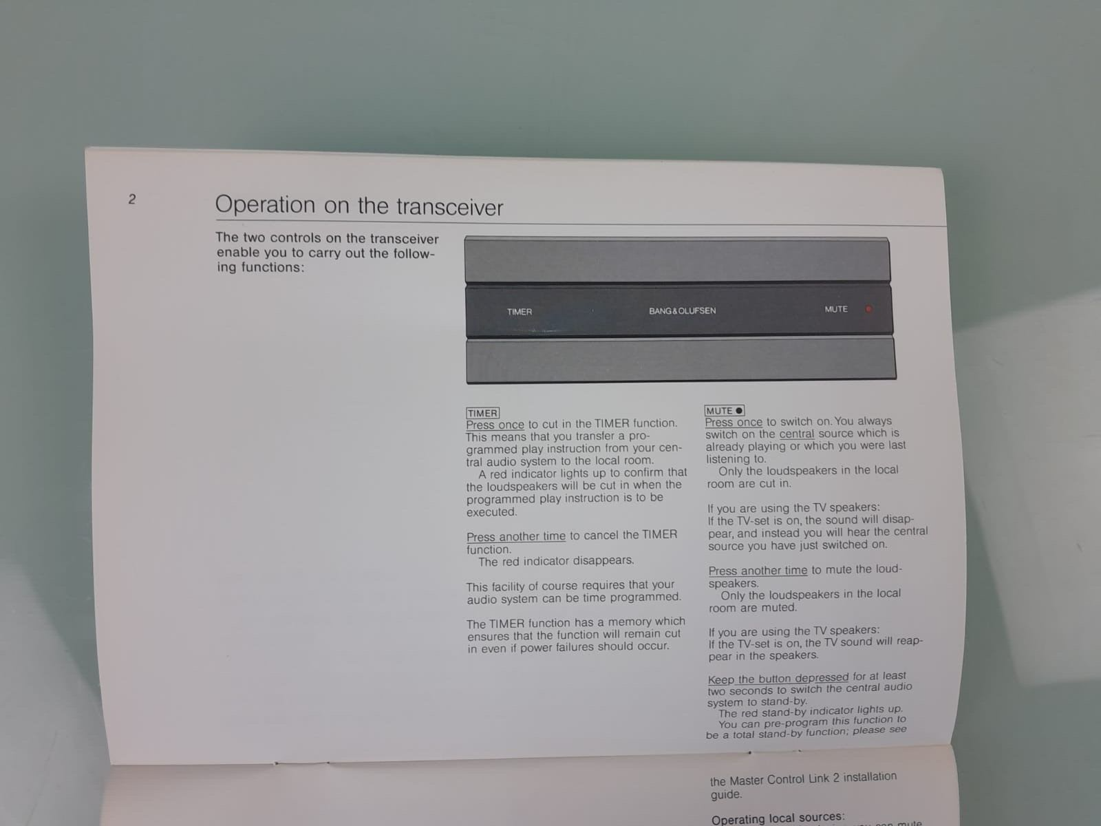 BANG & OLUFSEN B&O MASTER CONTROL LINK 2 OWNER'S MANUAL