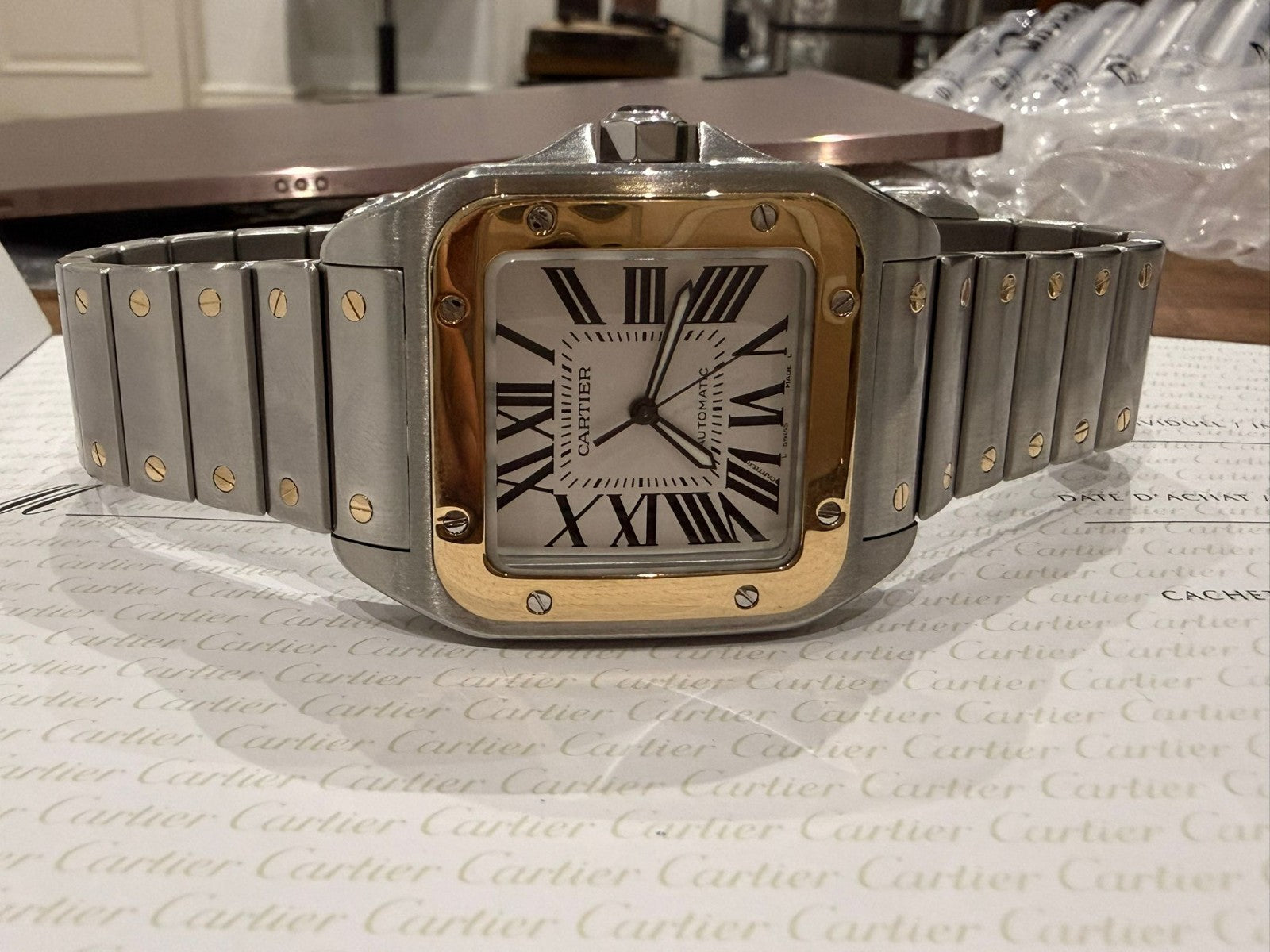 CARTIER SANTOS 100 2656 AUTOMATIC STEEL & GOLD WATCH