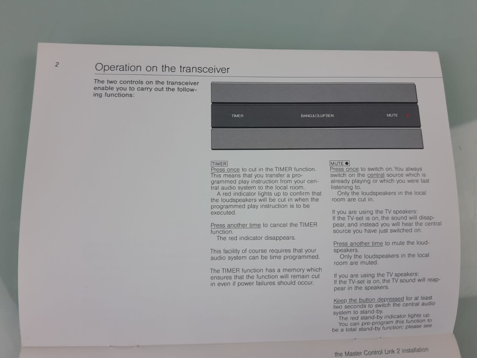 BANG & OLUFSEN B&O MASTER CONTROL LINK 2 OWNER'S MANUAL